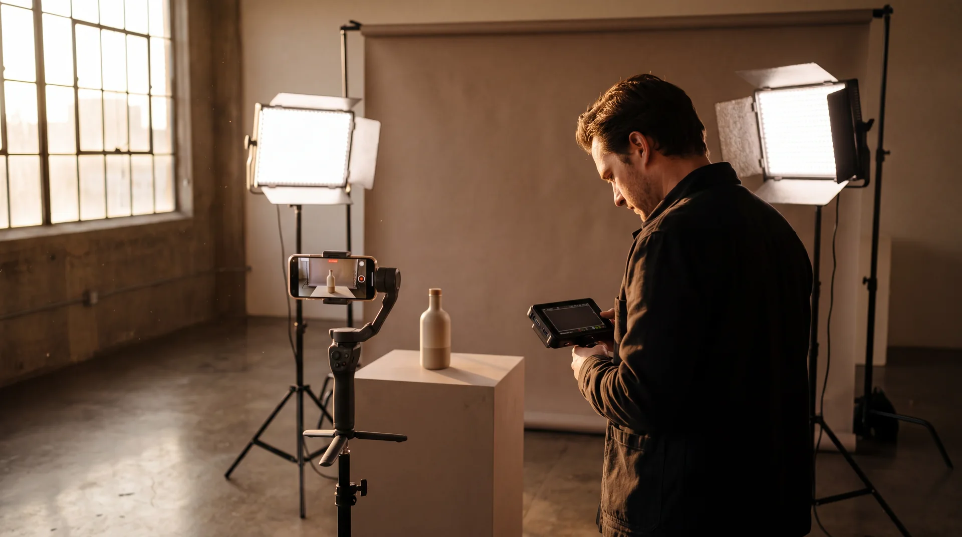 A producer filming a product on a phone gimbal in a blacked out studio