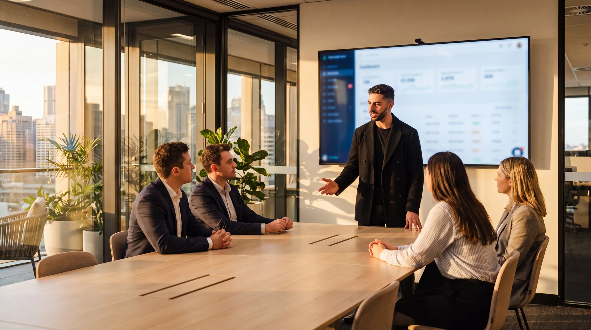 A team working through a plan pinned across a studio wall