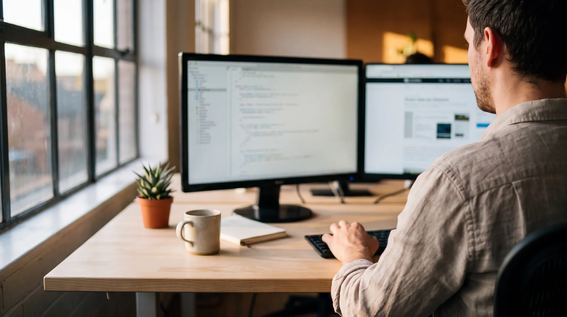 Designers building a site layout across two screens